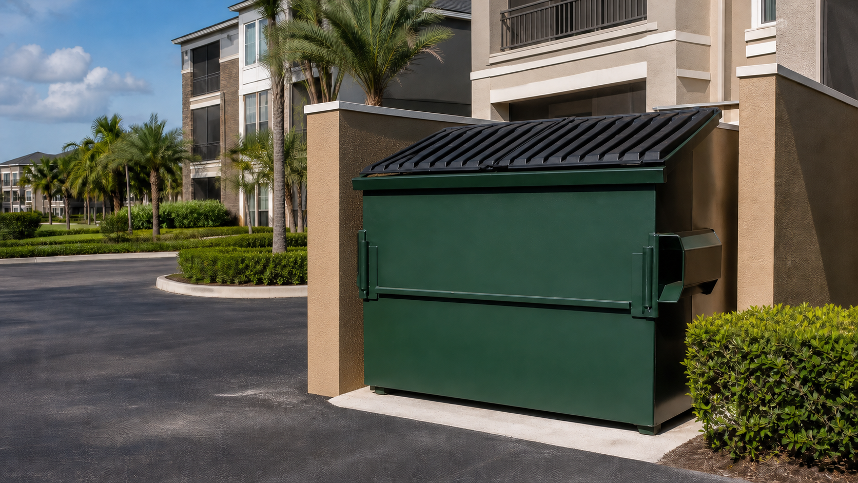 A clean apartment-community dumpster enclosure after bulk waste removal