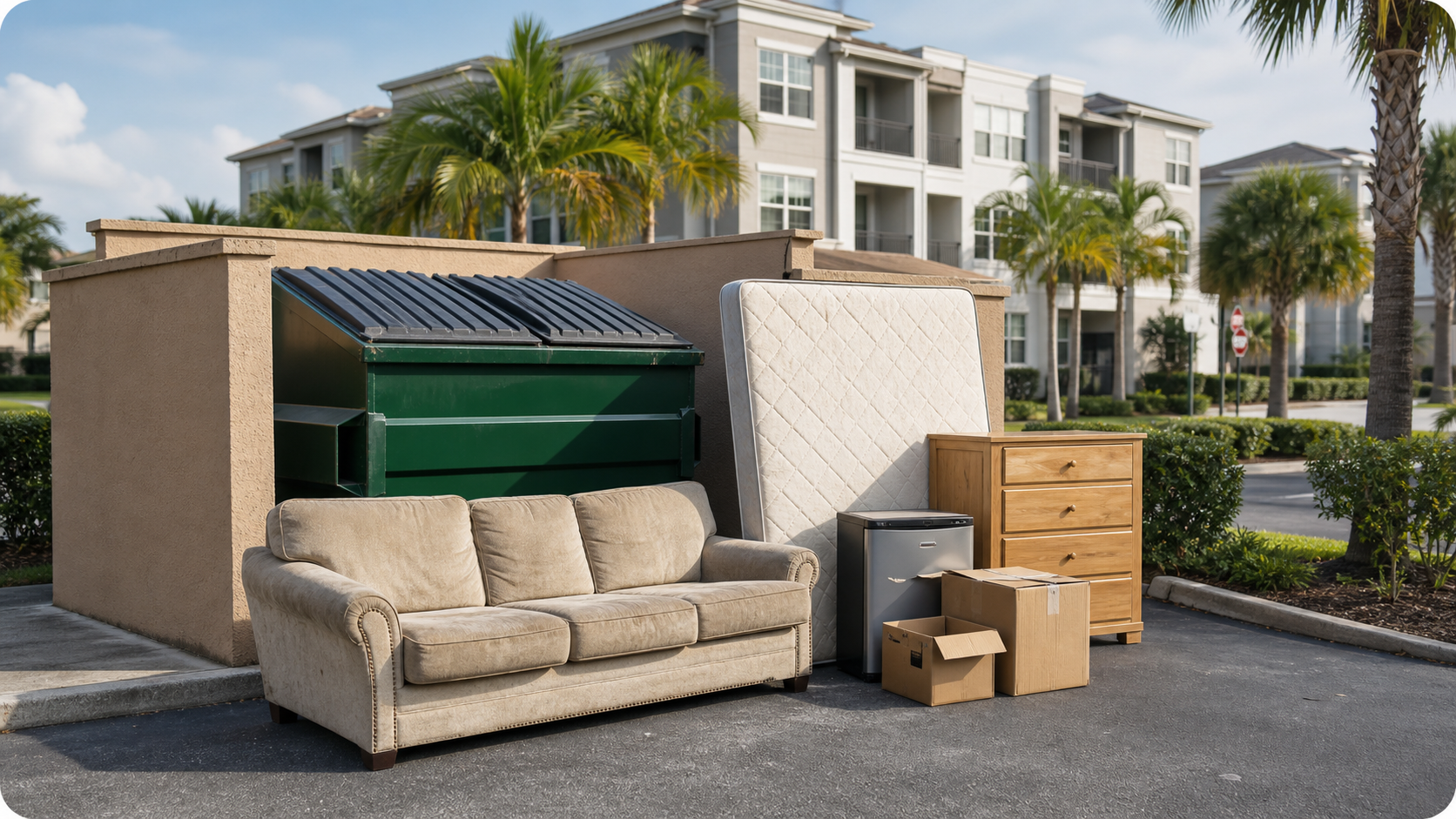 A sofa, mattress, appliance, dresser and boxes staged beside an apartment-community dumpster for bulk pickup