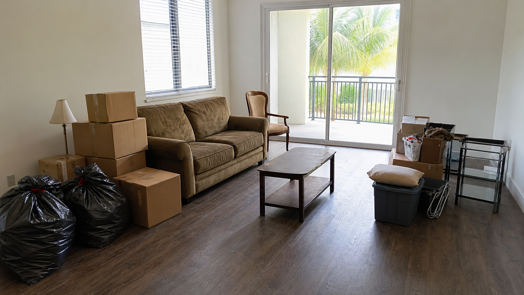 Furniture, boxes, and bagged belongings ready for an apartment trashout