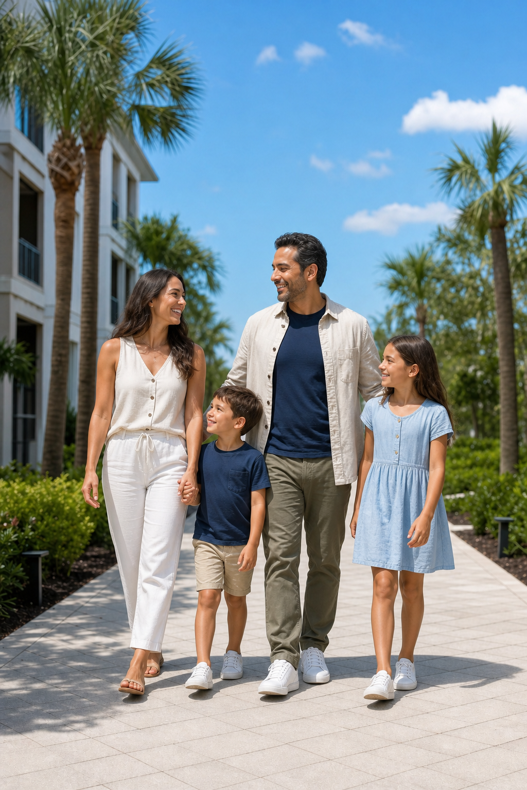 A family walking through a clean Florida apartment community