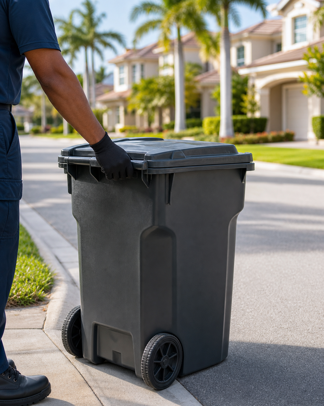 A service team member positioning a residential trash bin at the curb in a Florida HOA community