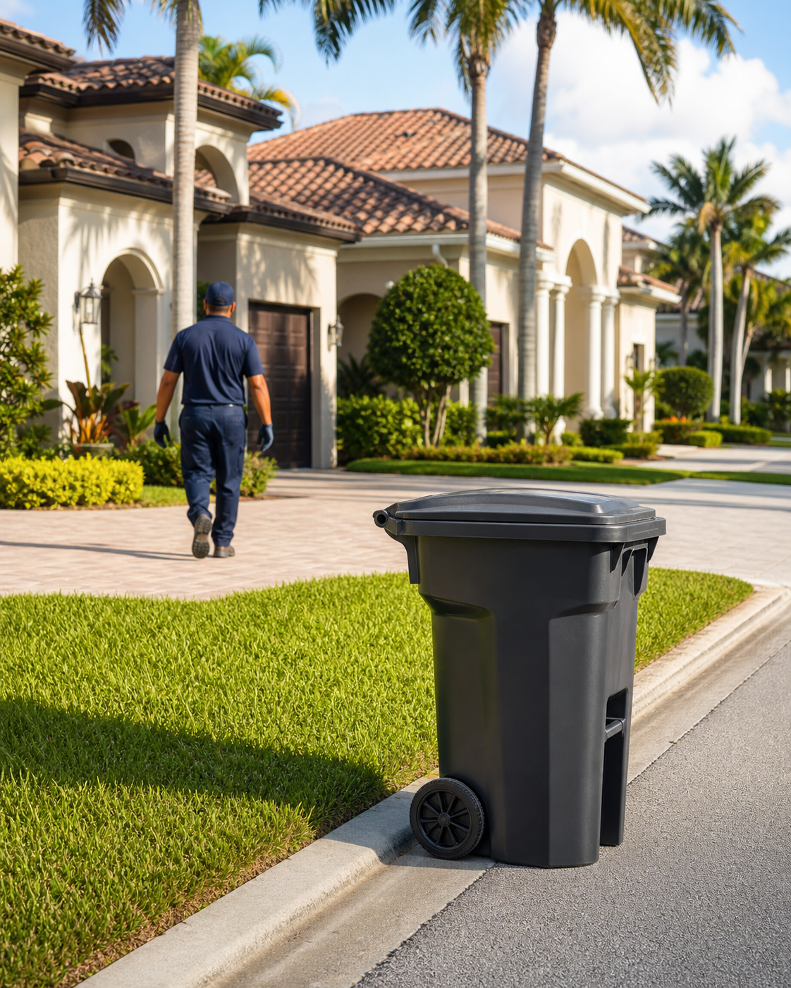 A curbside bin positioned for collection while a service team member walks back toward a Florida home