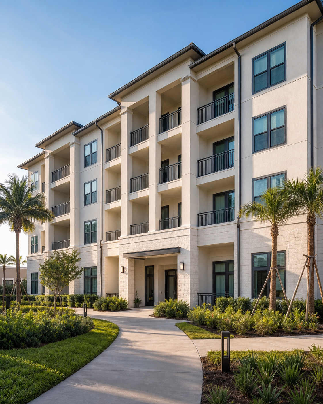 A clean contemporary apartment community with manicured Florida landscaping