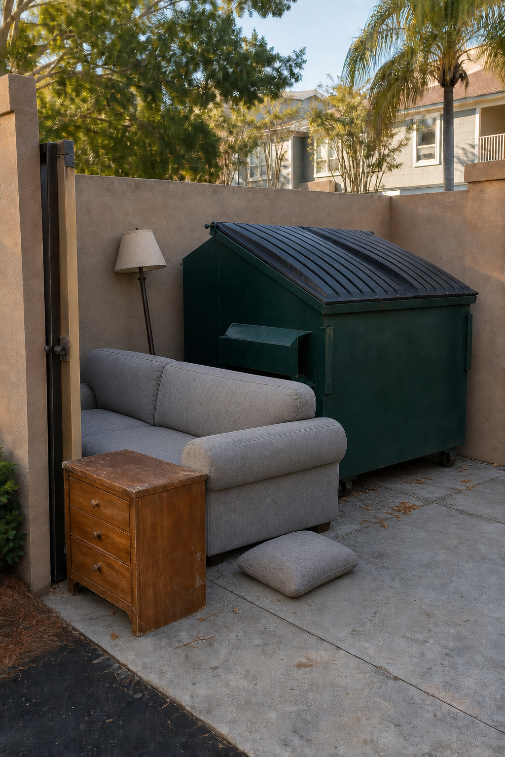 Bulk furniture staged near a multifamily community dumpster