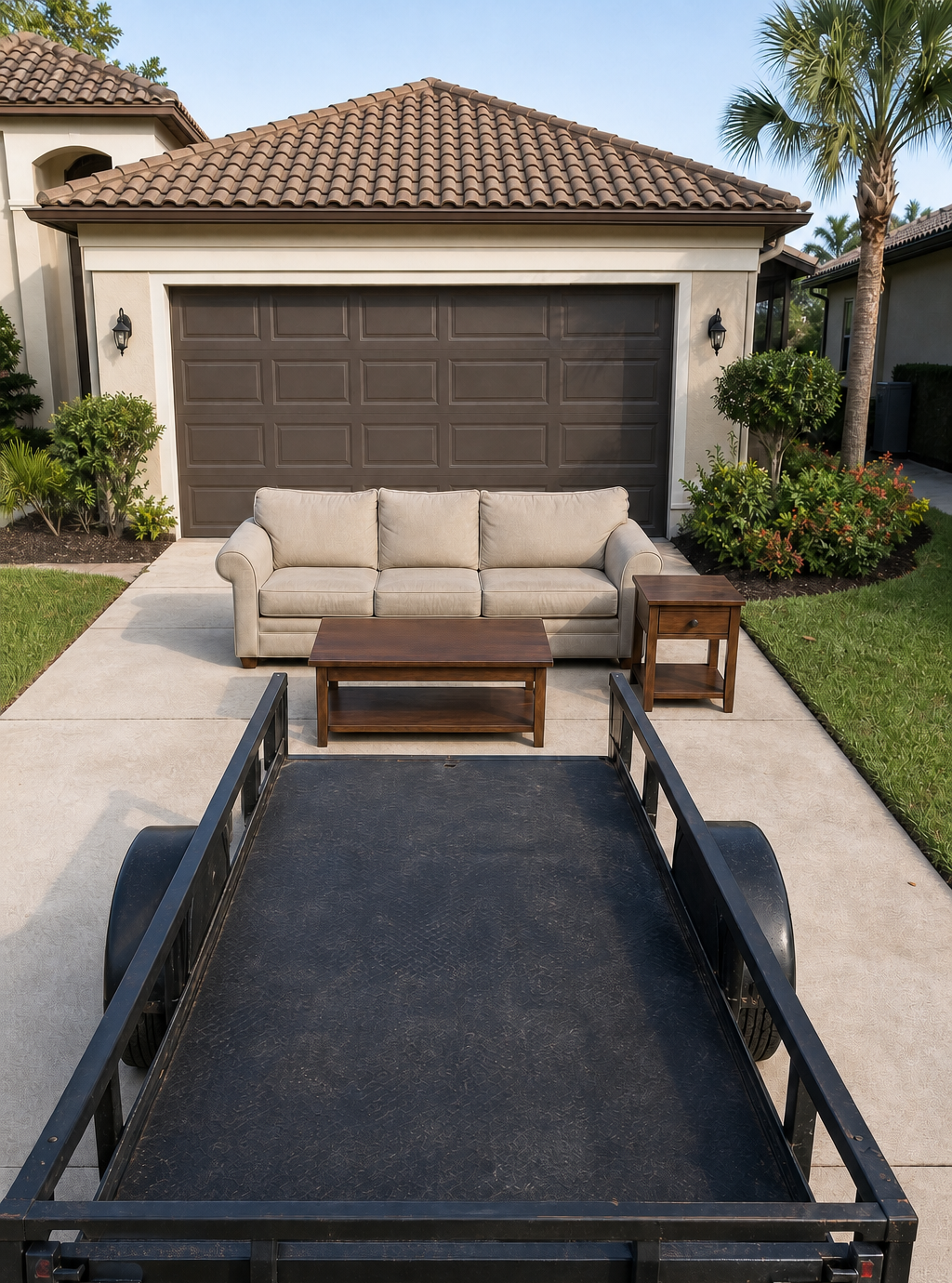 Furniture staged for bulk pickup from a home in an HOA community