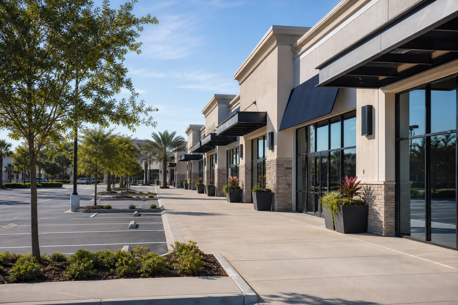 Clean outdoor shopping plaza with storefronts and walkways