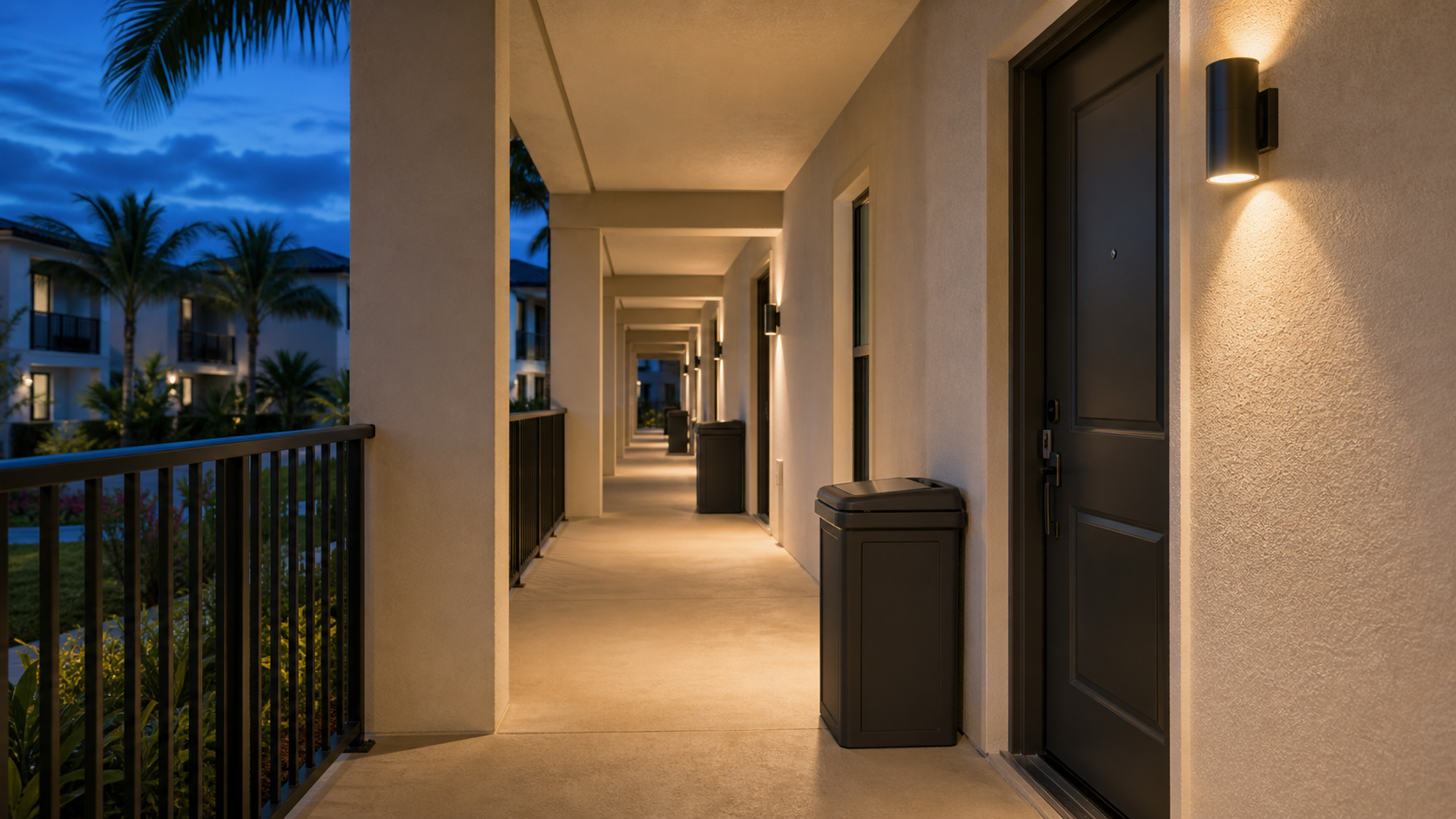 A clean Florida apartment breezeway with closed valet trash containers placed neatly beside residents' doors