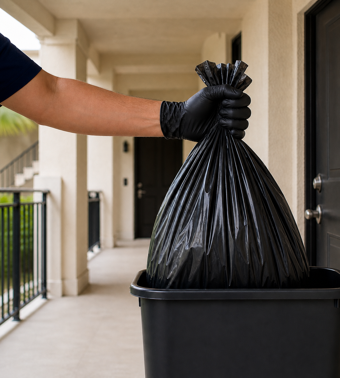 A gloved hand lifting a tied trash bag from a valet bin in a clean apartment breezeway