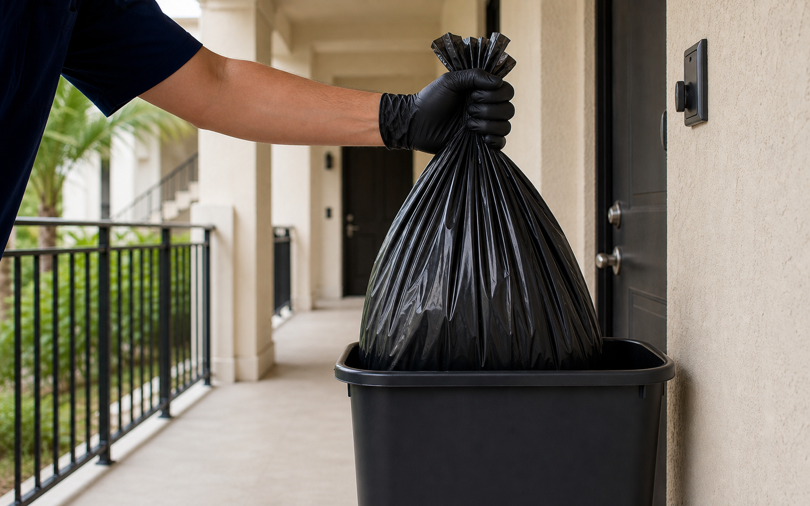A uniformed valet lifting a secured trash bag from a resident container