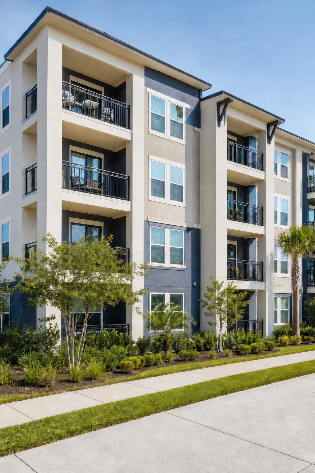 A clean white and blue multifamily apartment community in Florida