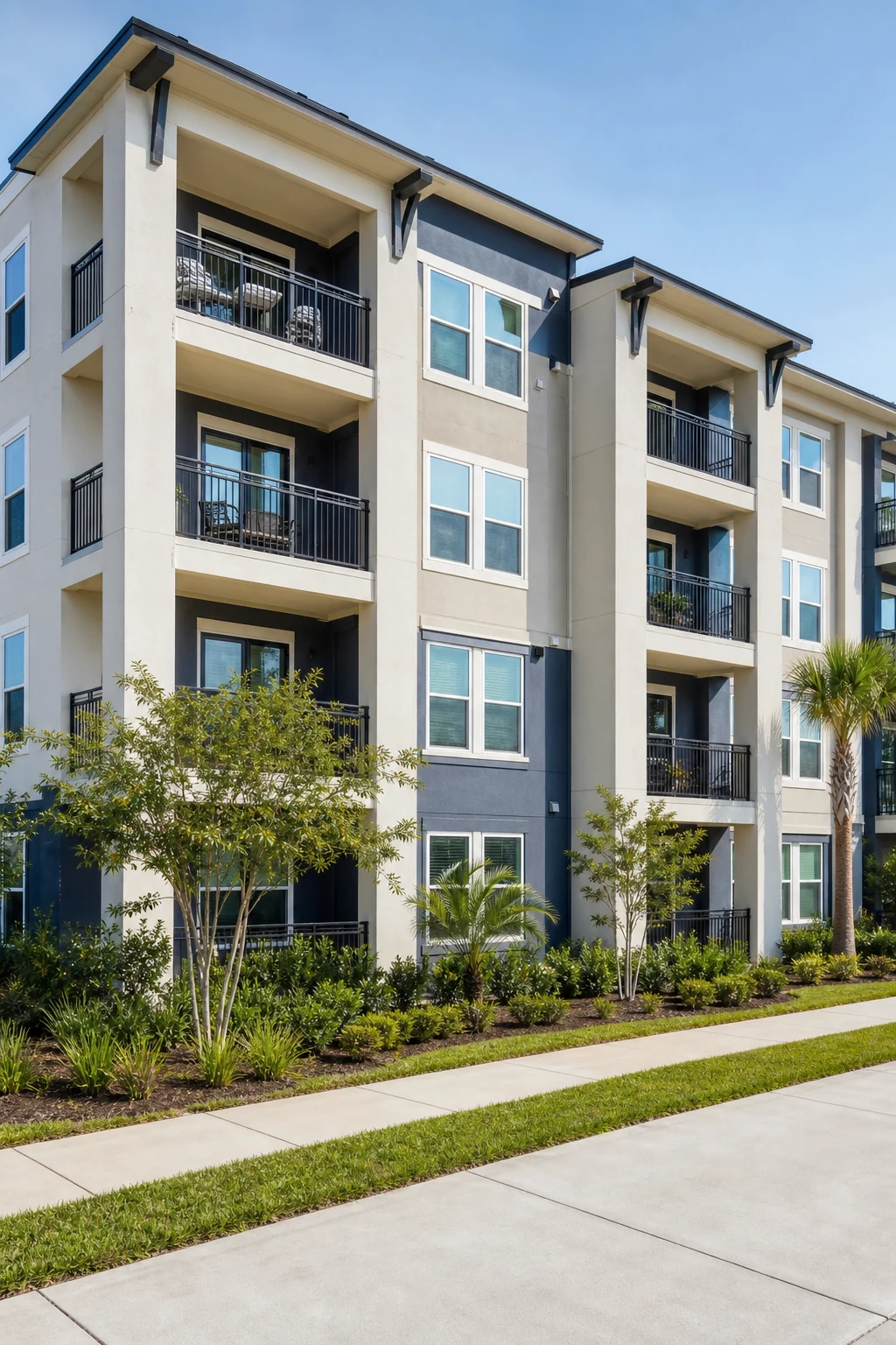Bright white and blue multi-family apartment community