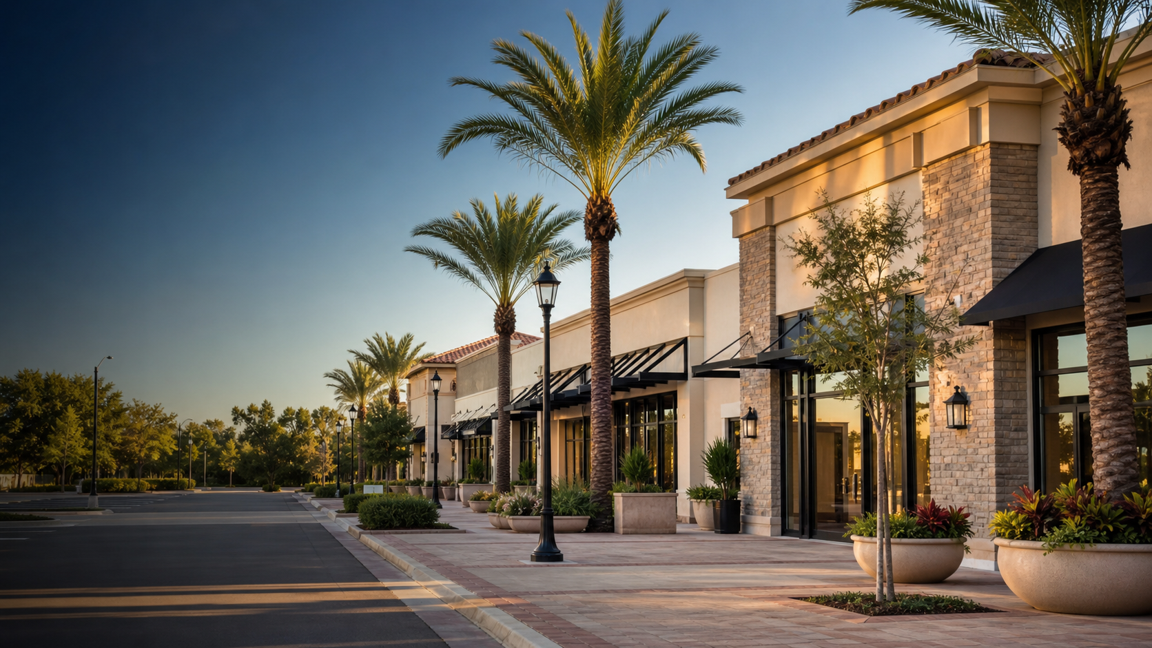 A clean, well-maintained Florida shopping plaza with orderly storefronts and landscaped walkways