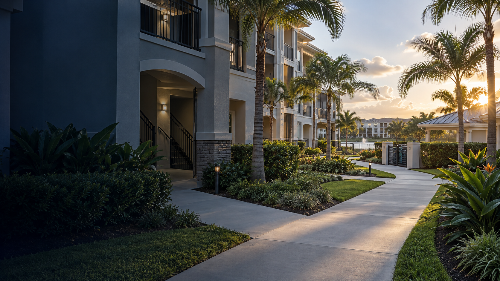 Clean, professionally maintained apartment-community walkways and landscaping in Florida