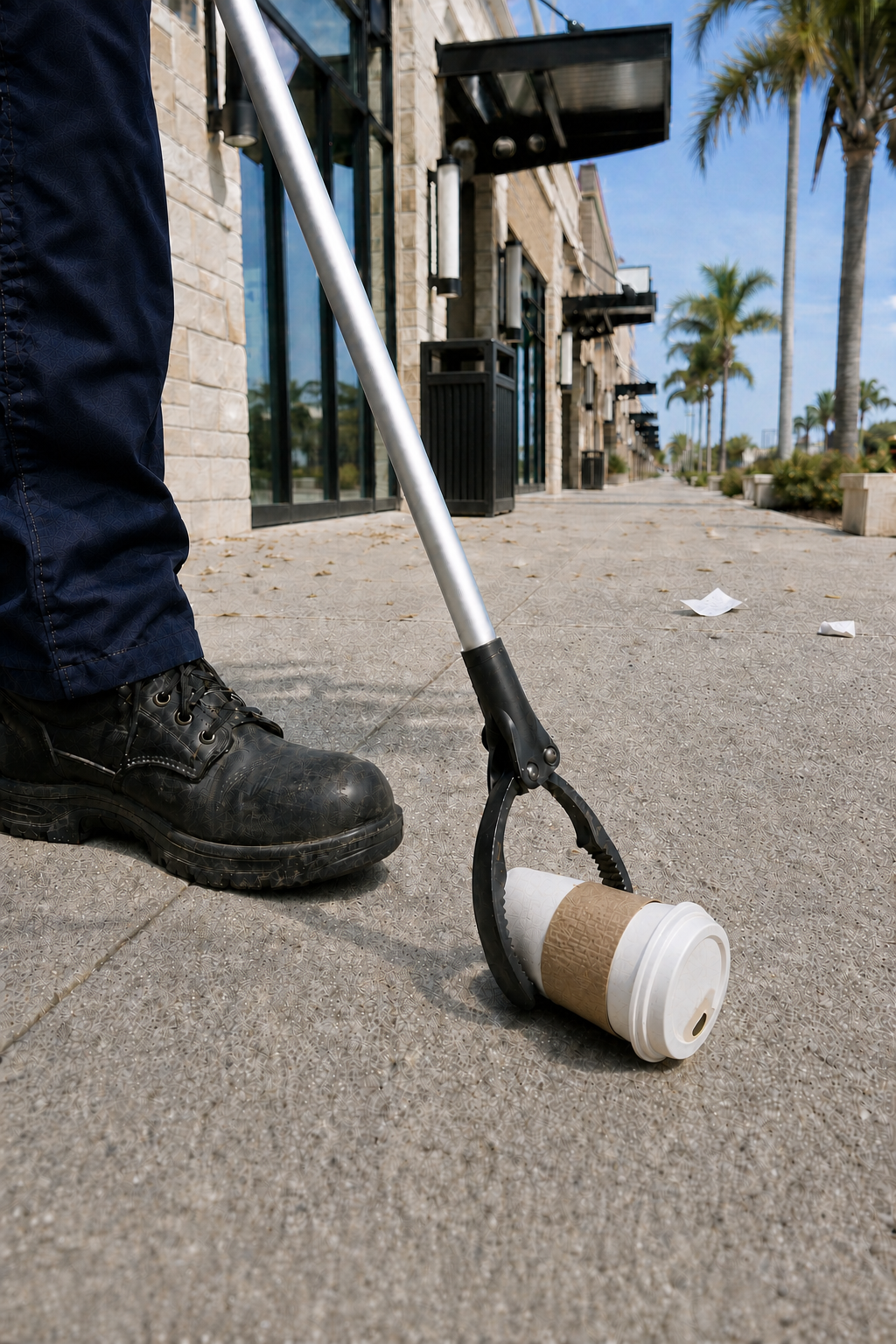 A cleanup crew member collecting litter from a shopping plaza sidewalk