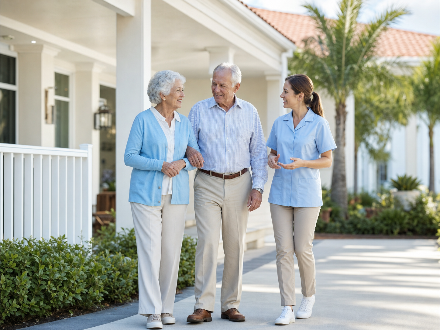 Senior living residents walking with a community caregiver