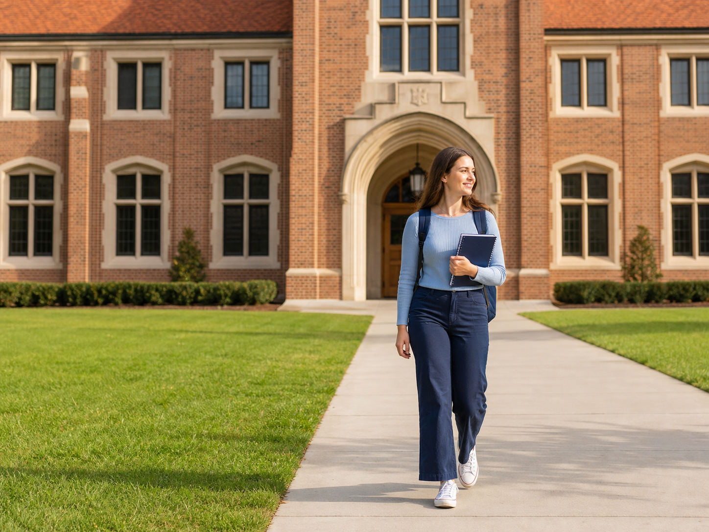 Students walking outside a modern university housing community