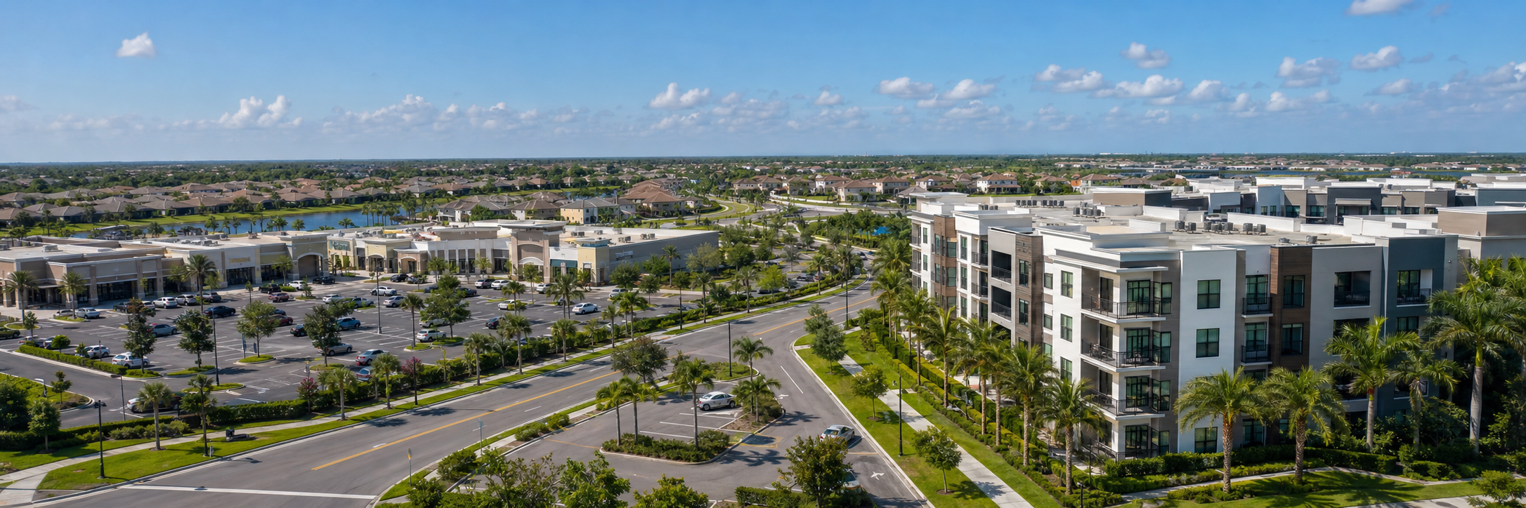 Aerial view of a Florida apartment community, shopping plaza, and HOA neighborhood